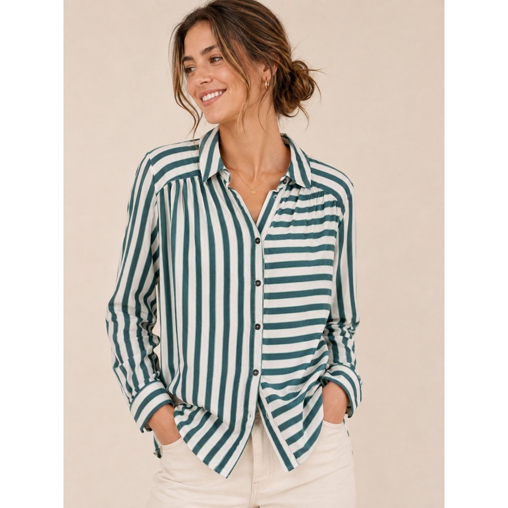Maeve Anthropologie Green White Striped Button Down Shirt Long Sleeve Small